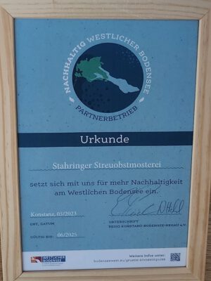 Streuobstmosterei erhält Urkunde als Partnerbetrieb für Nachhaltigkeit von Regio Konstanz-Bodensee-Hegau