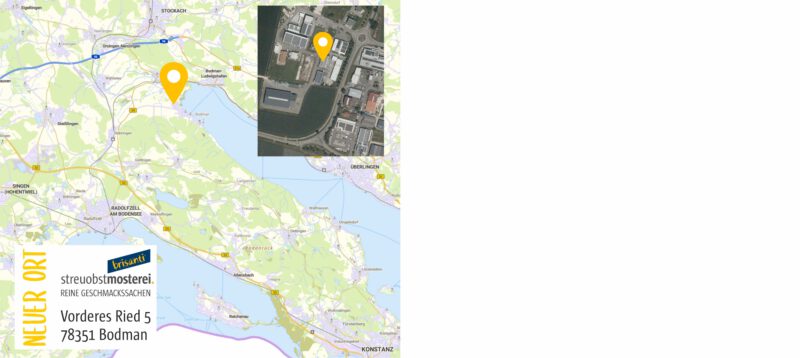 Neue Adresse der Streuobstmosterei: Vorderes Ried 5, 78351 Bodman